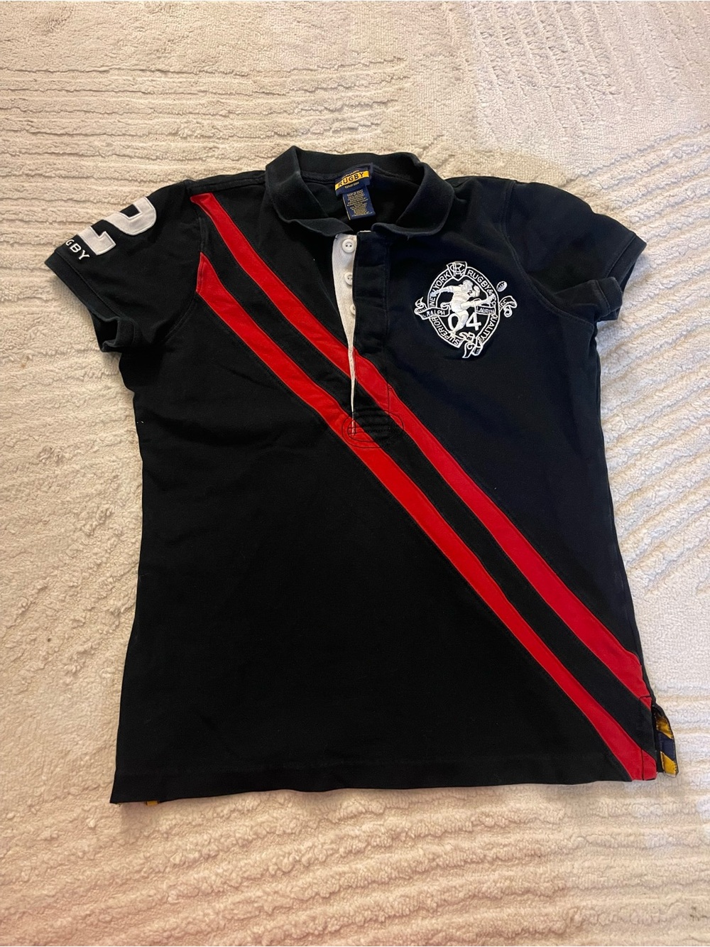 Ralph Lauren Black Polo with Red Diagonal Stripes and Crest